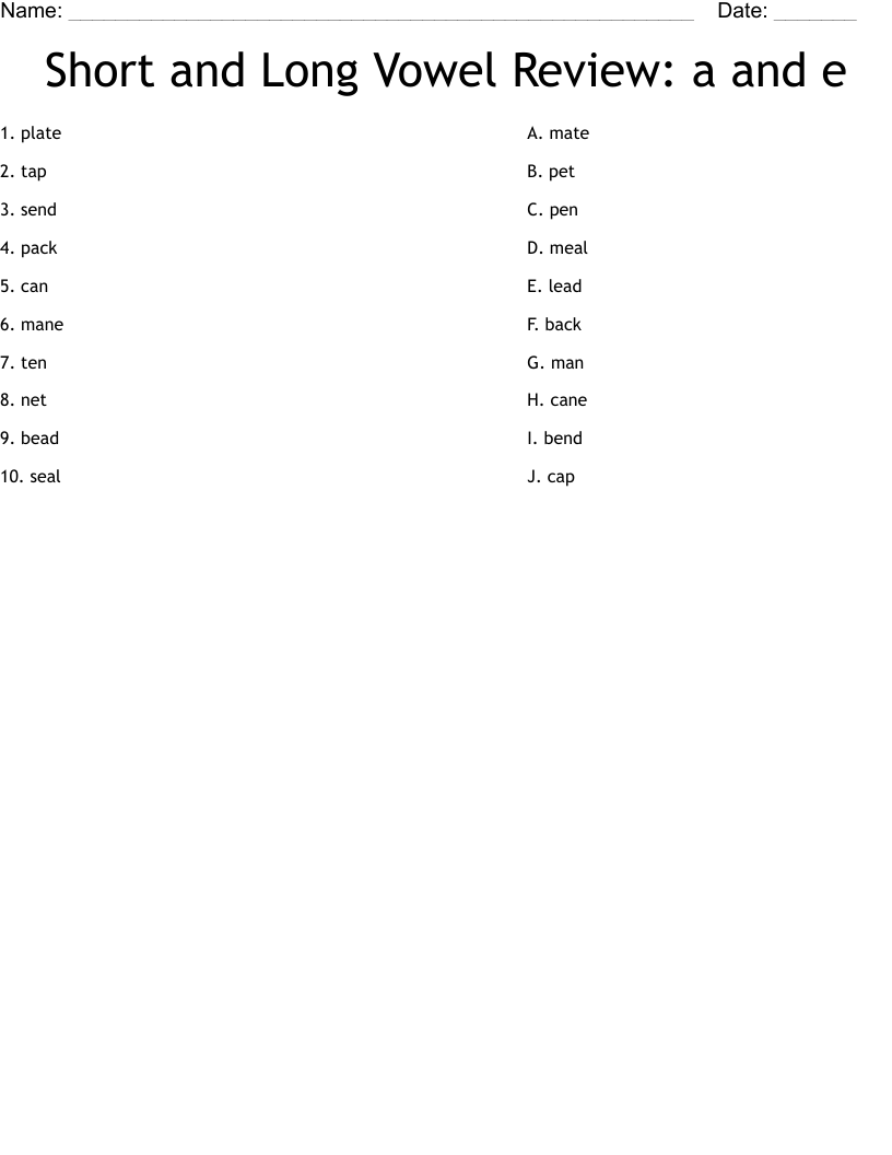 Short and Long Vowel Review: a and e Worksheet