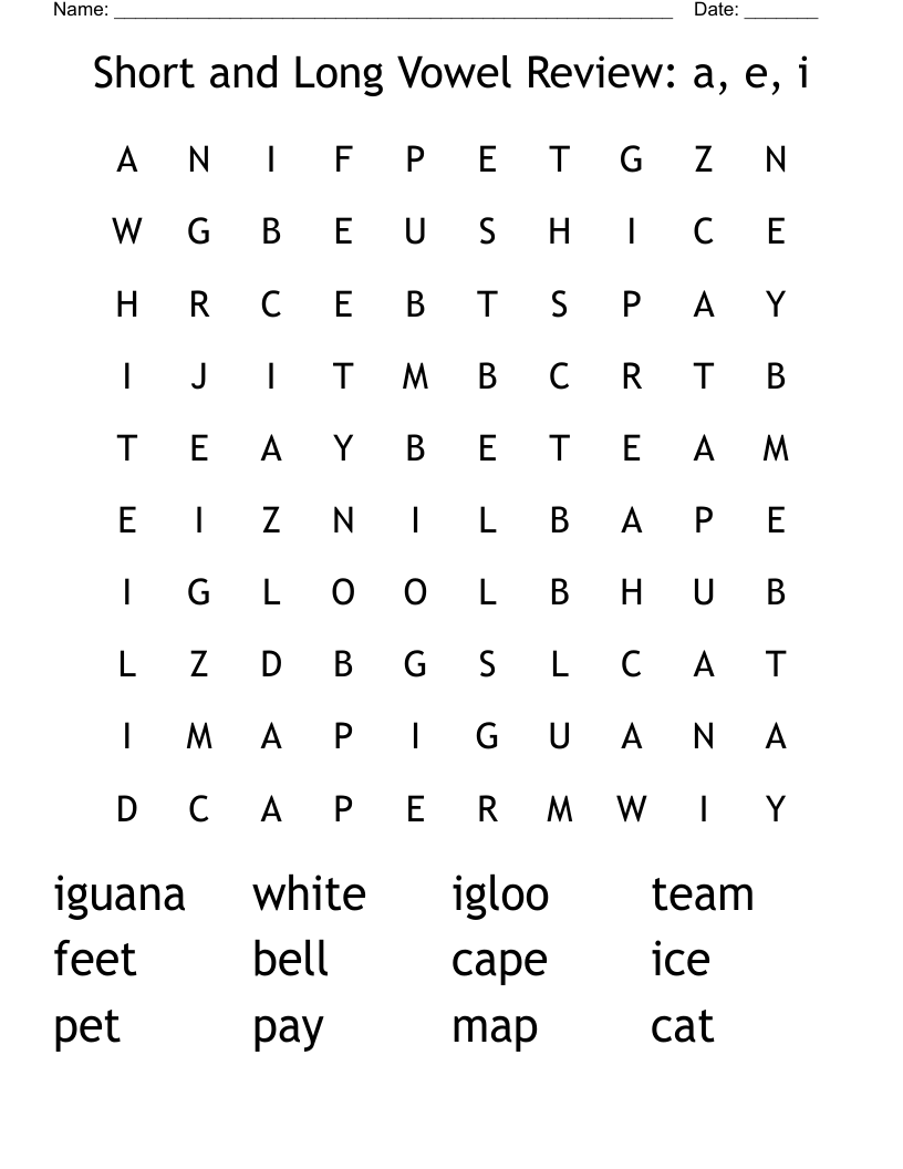 Short and Long Vowel Review: a, e, i Word Search