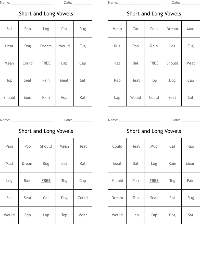 Short and Long Vowels Bingo Cards