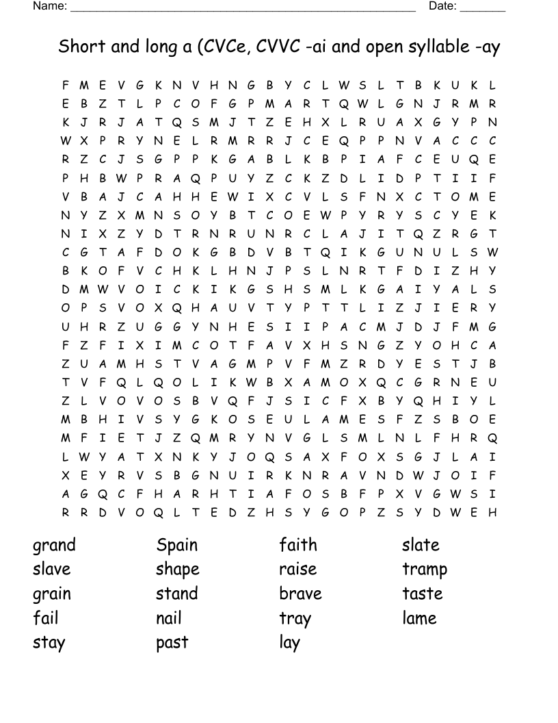 Short and long a (CVCe, CVVC -ai and open syllable -ay Word Search
