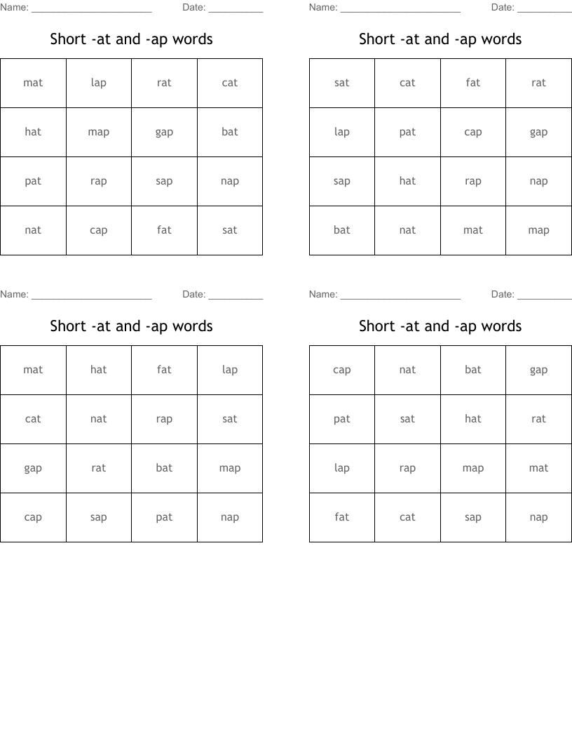 Short -at and -ap words Bingo Cards
