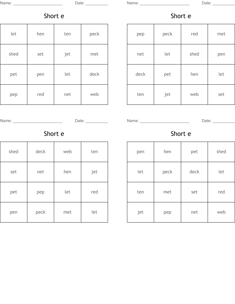 Short e Bingo Cards