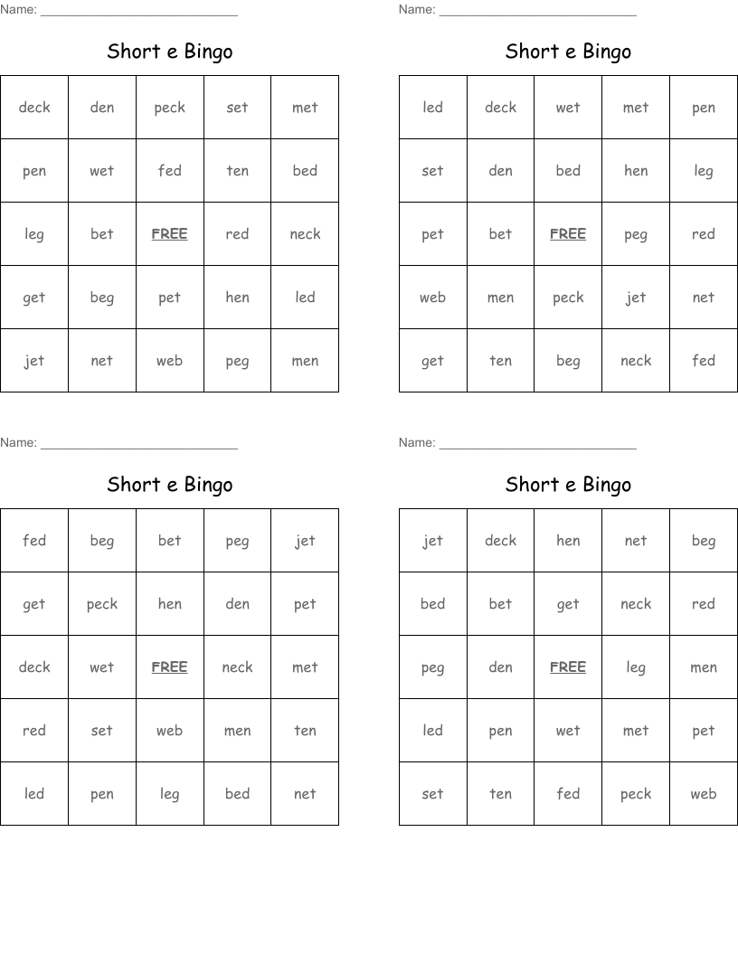 Short e Bingo 