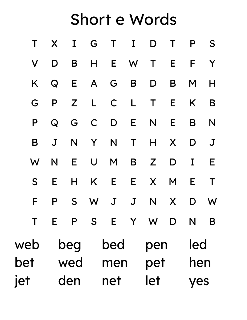 Short e Words Word Search