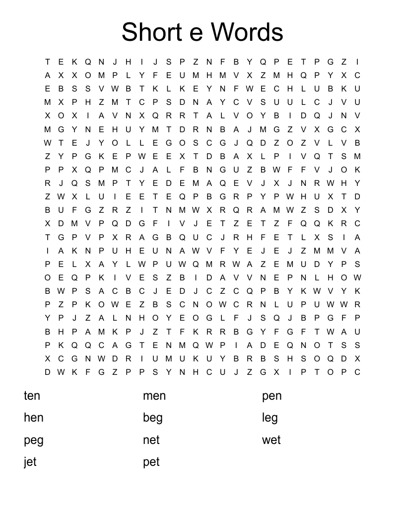 Short e Words Word Search