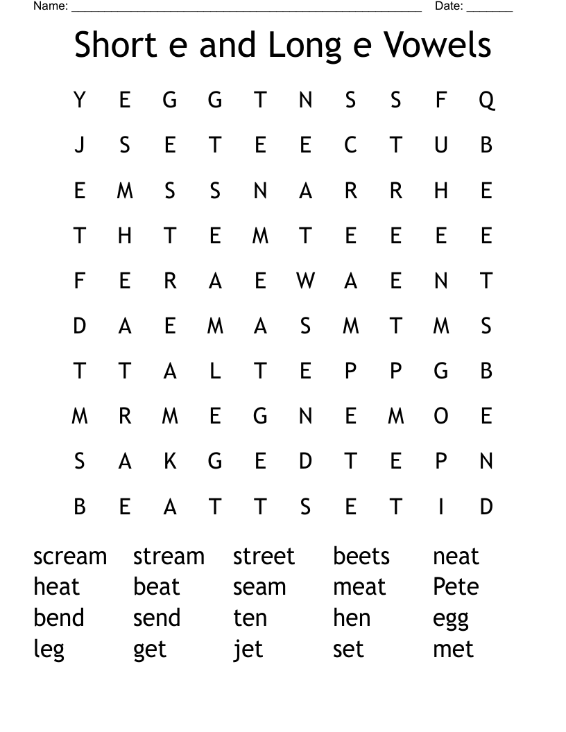 Short e and Long e Vowels Word Search