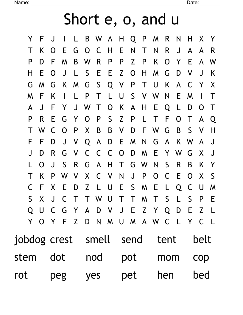 Short e, o, and u Word Search