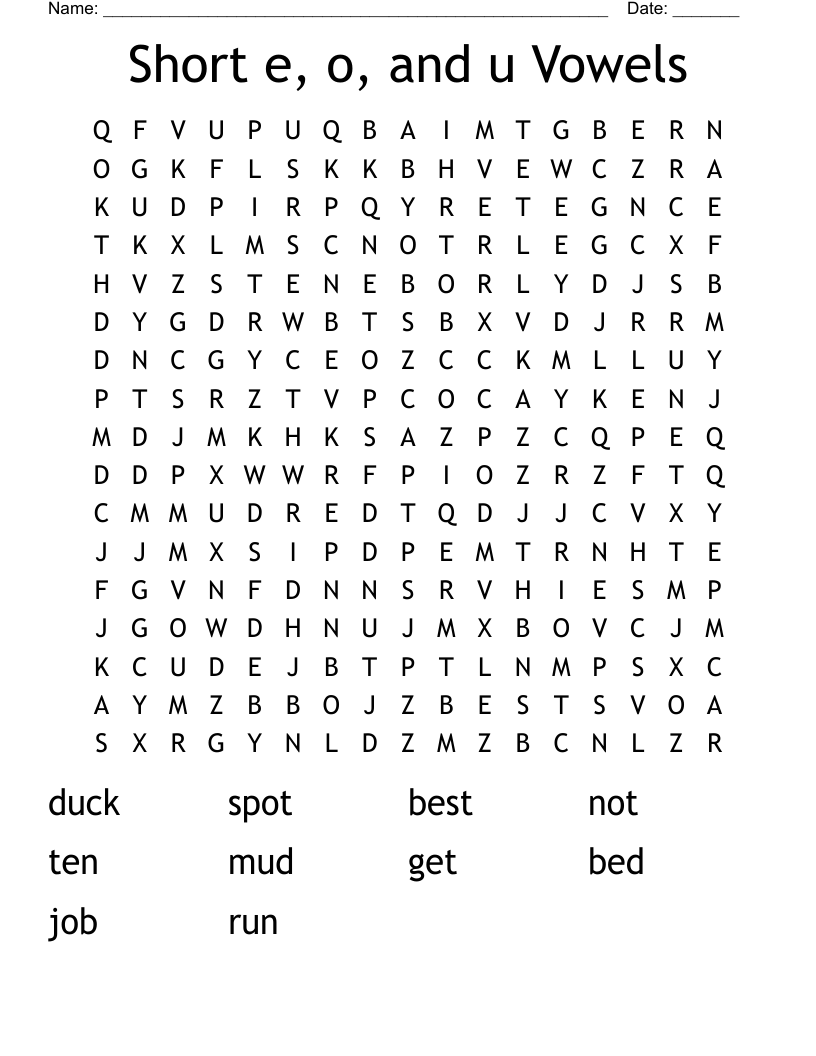Short e, o, and u Vowels Word Search