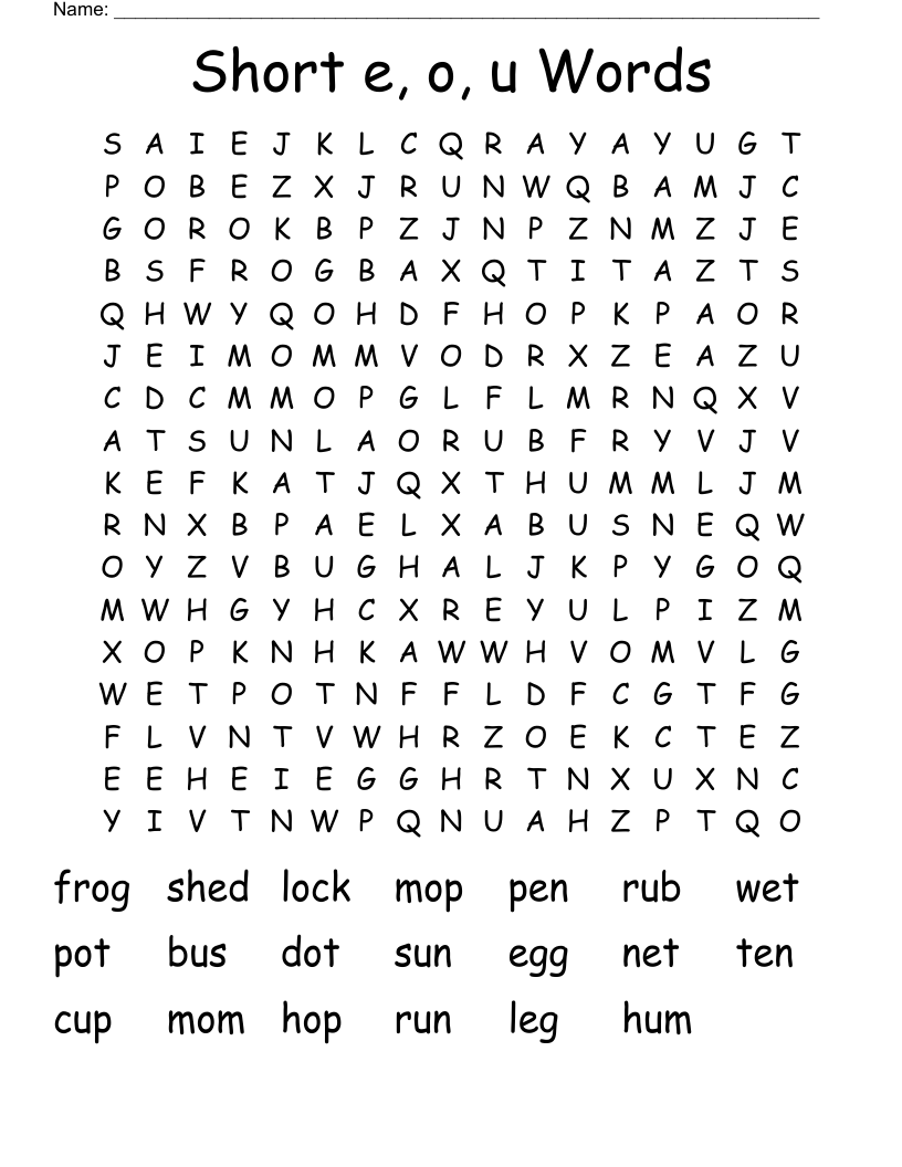 Short e, o, u Words Word Search