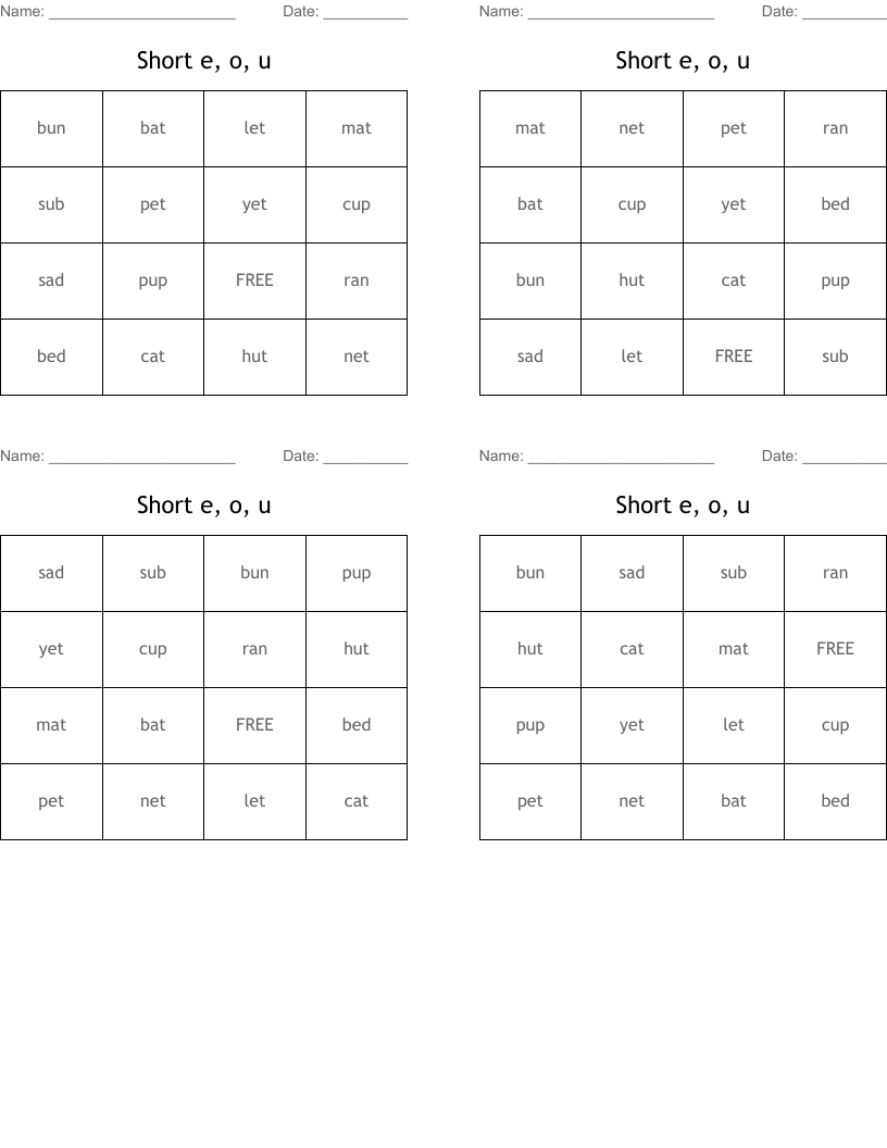 Short e, o, u  Bingo Cards