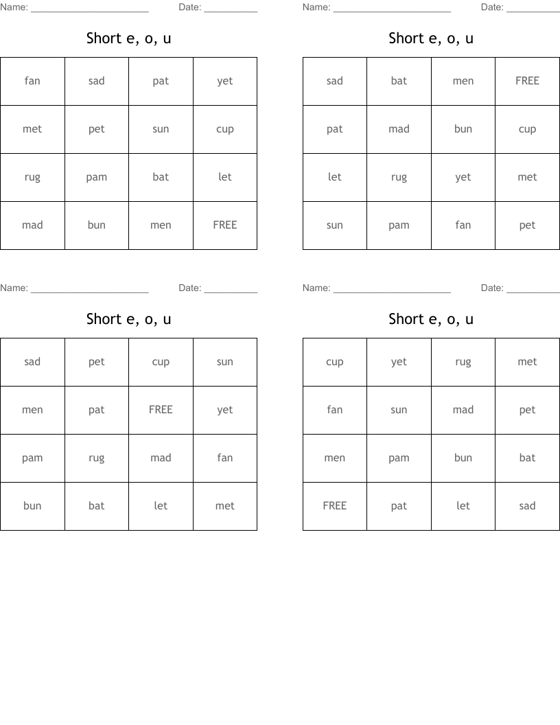 Short e, o, u  Bingo Cards