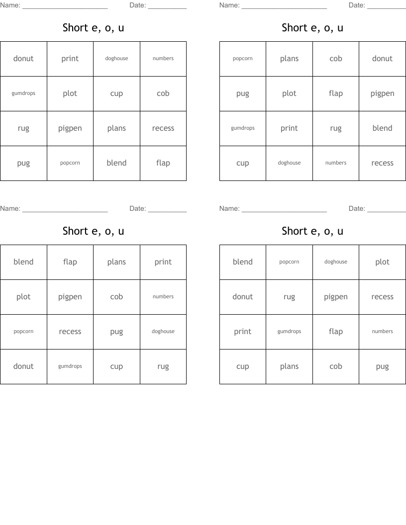 Short e, o, u  Bingo Cards