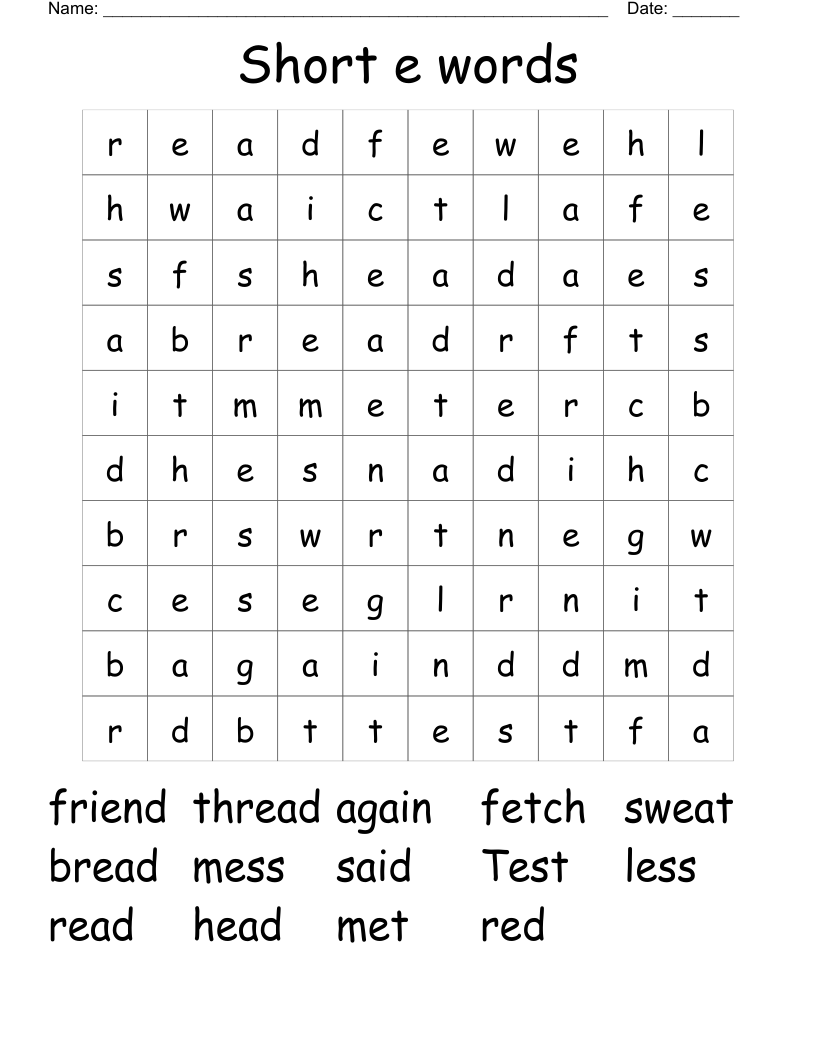 Short e words Word Search