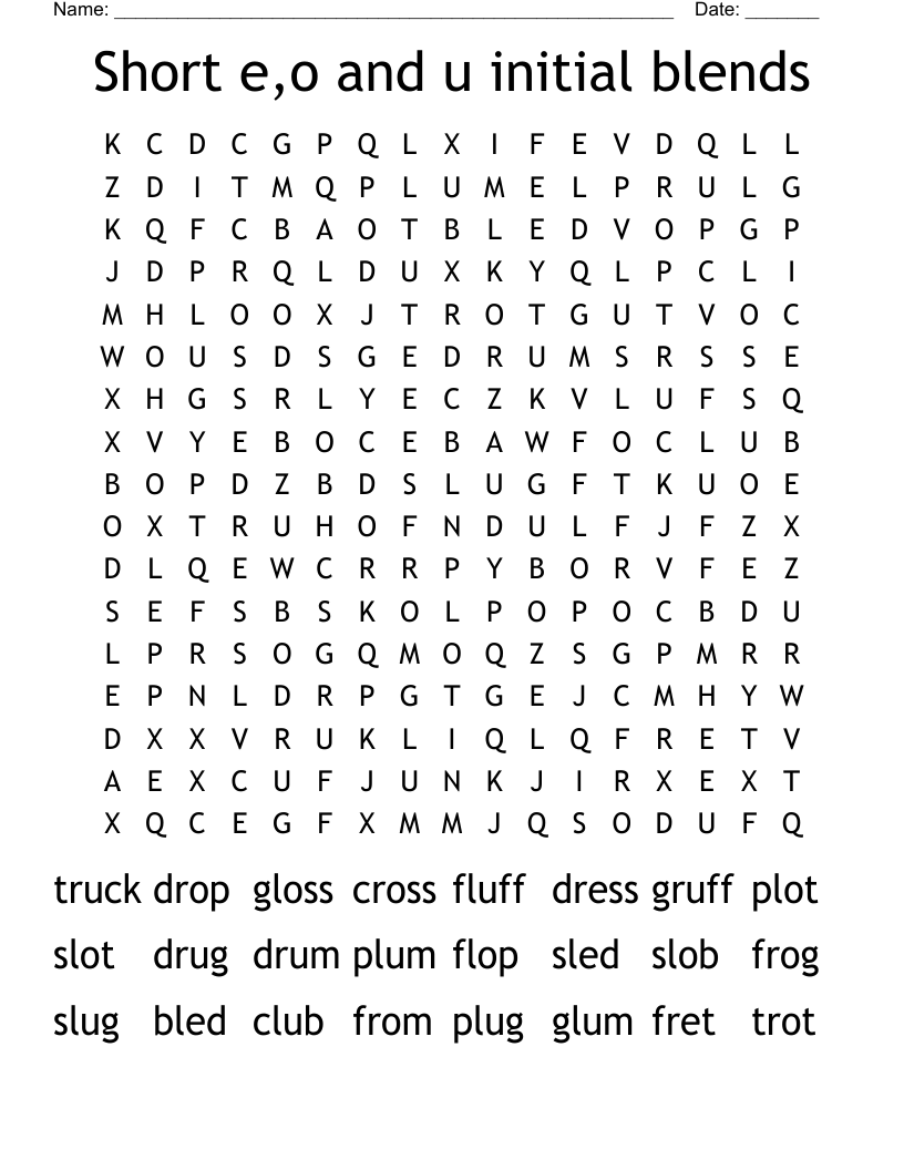 Short e,o and u initial blends Word Search