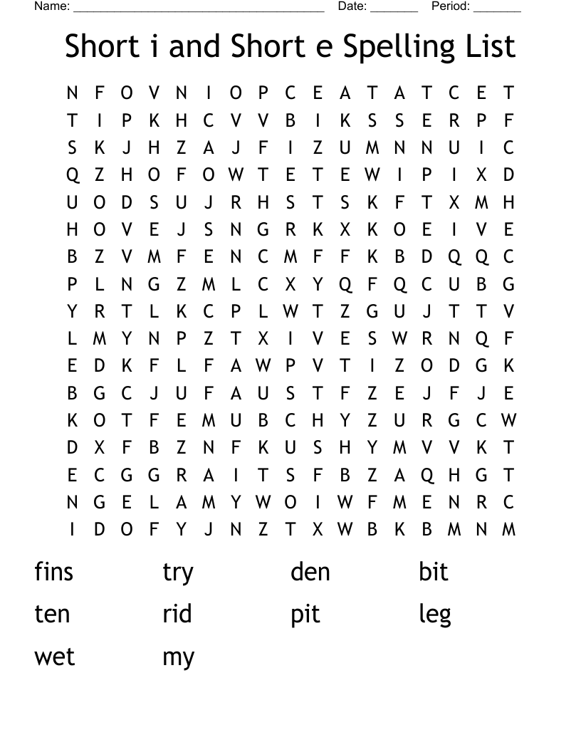 Short i and Short e Spelling List  Word Search