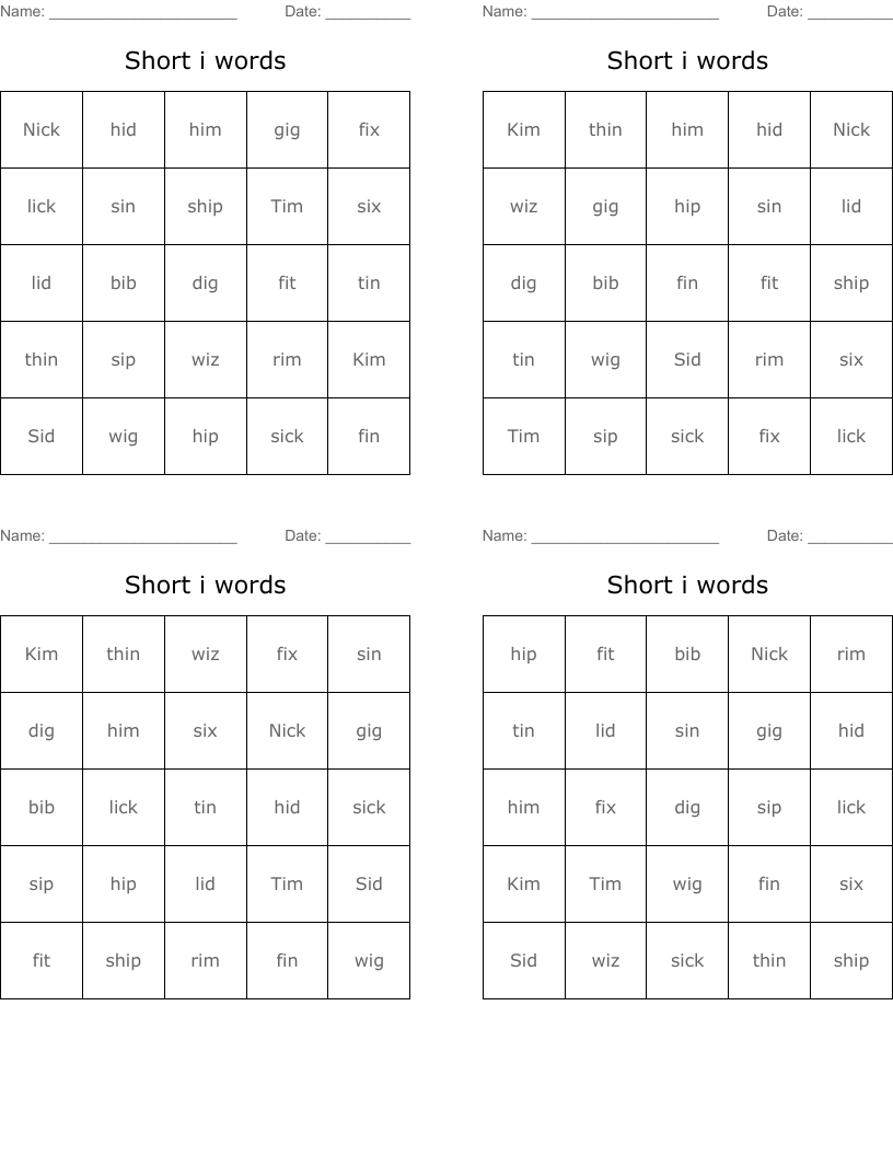 Short i words Bingo Cards