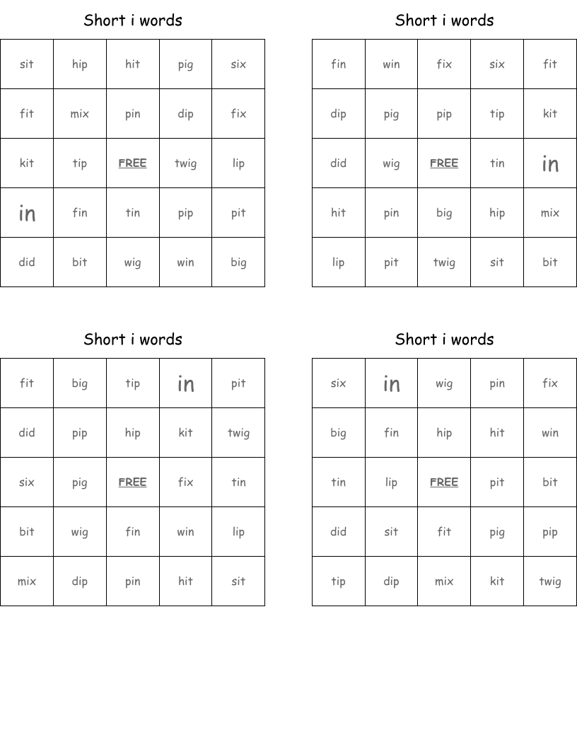 Short i words Bingo Cards