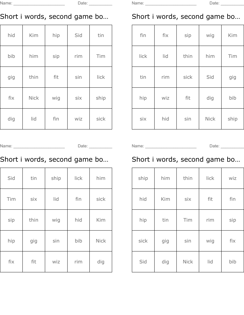 Short i words, second game board Bingo Cards