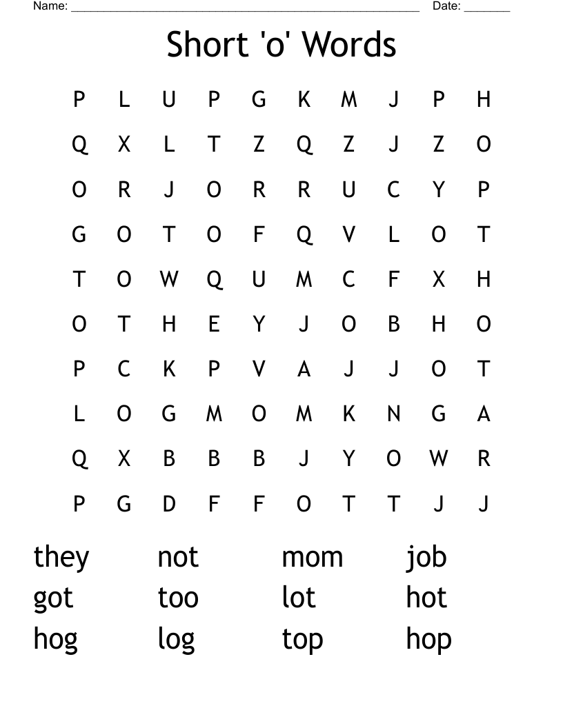Short 'o' Words Word Search