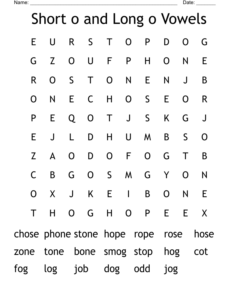 Short o and Long o Vowels Word Search