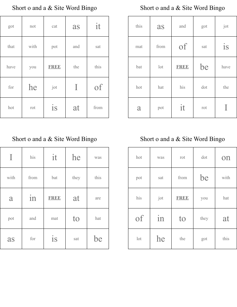 Short o and a & Site Word Bingo