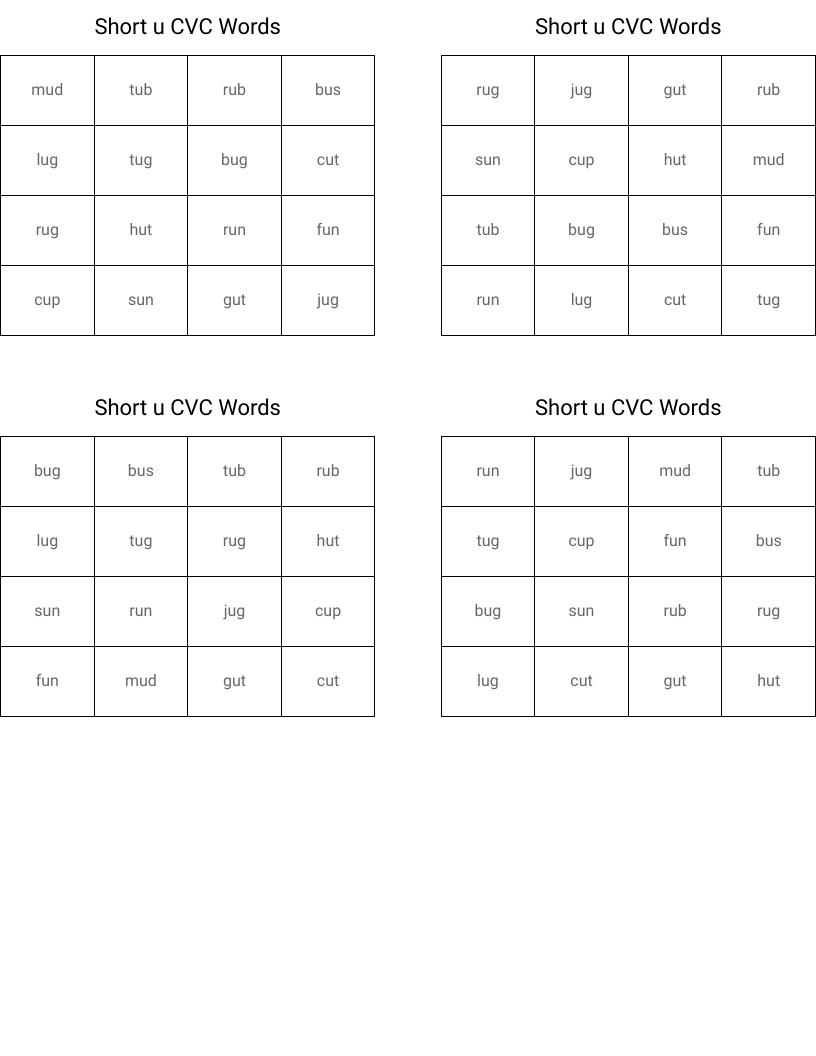 Short u CVC Words Bingo Cards