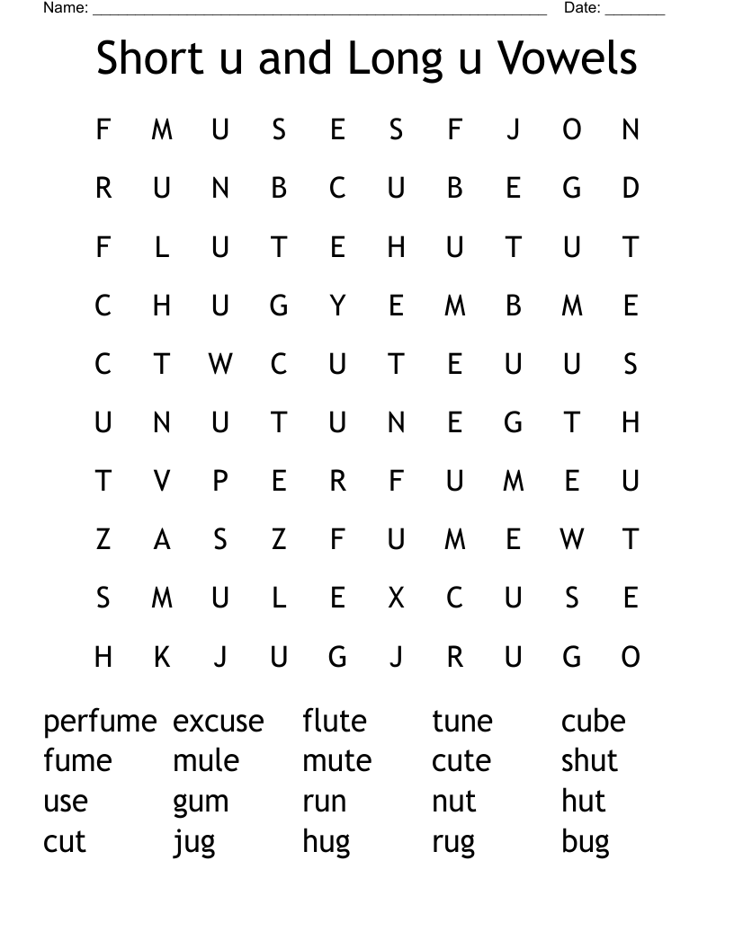 Short u and Long u Vowels Word Search