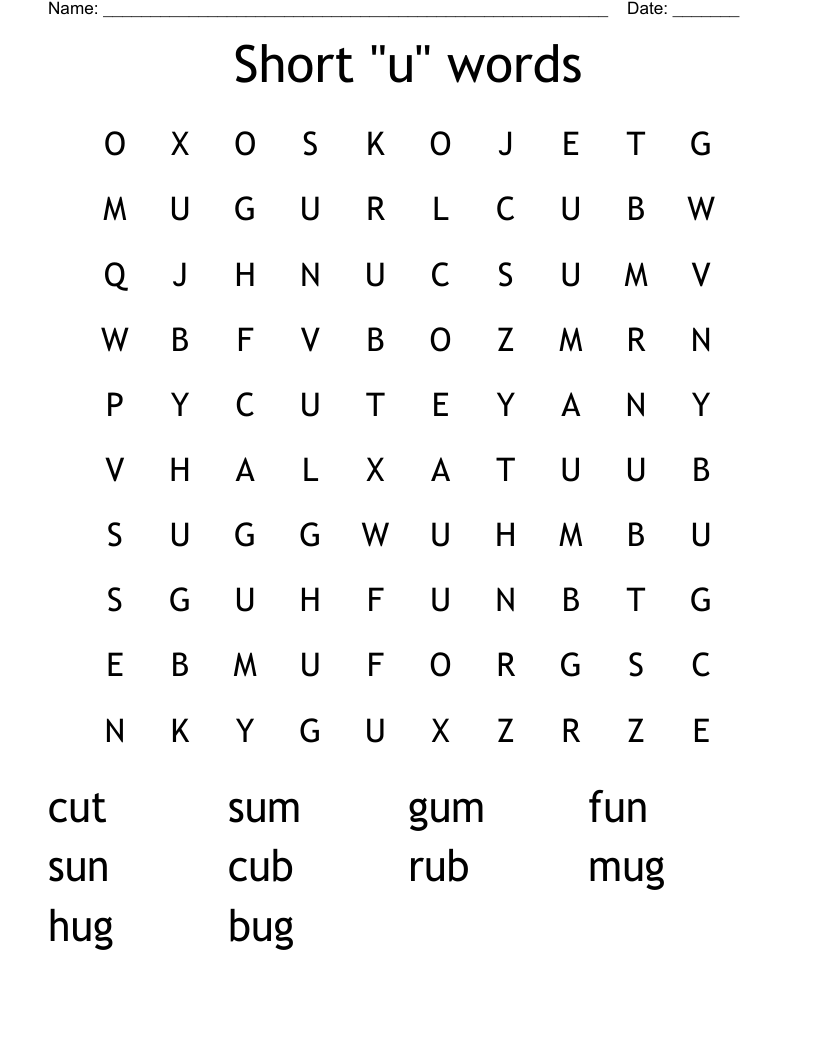 Short "u" words Word Search