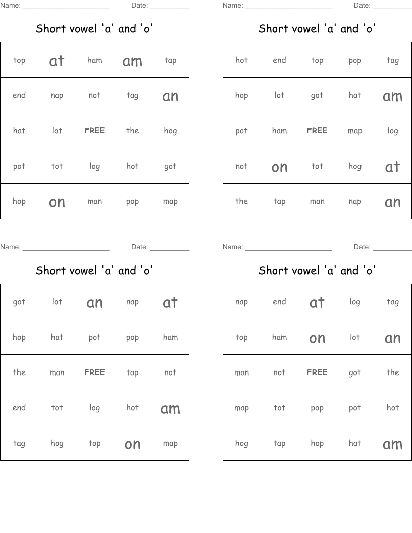 Short vowel 'a' and 'o' Bingo Cards