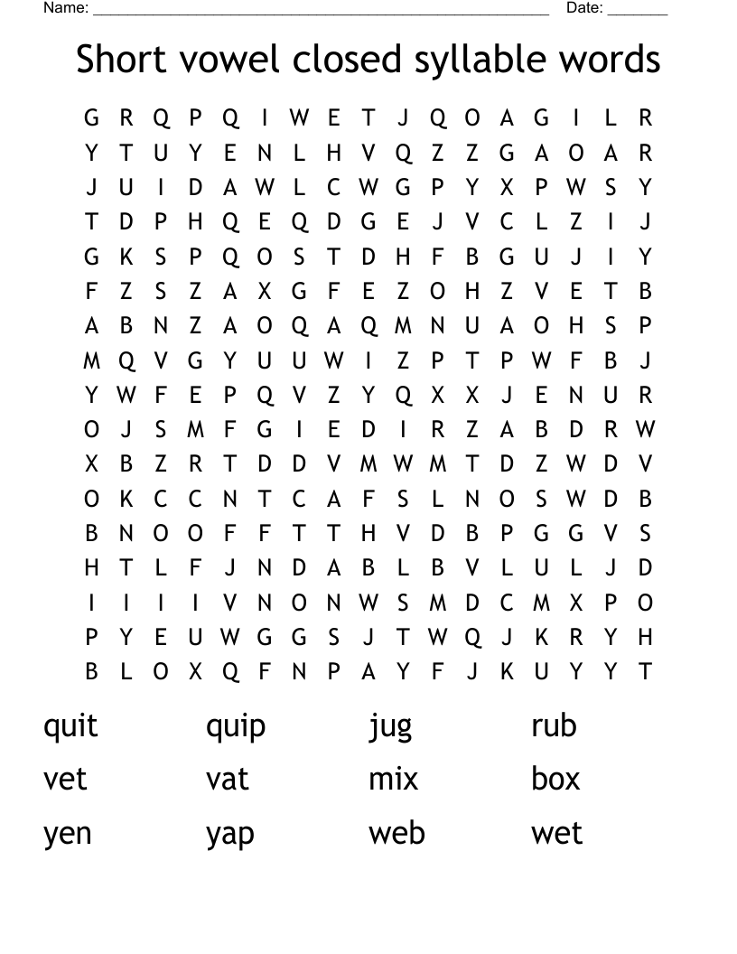 Short vowel closed syllable words Word Search