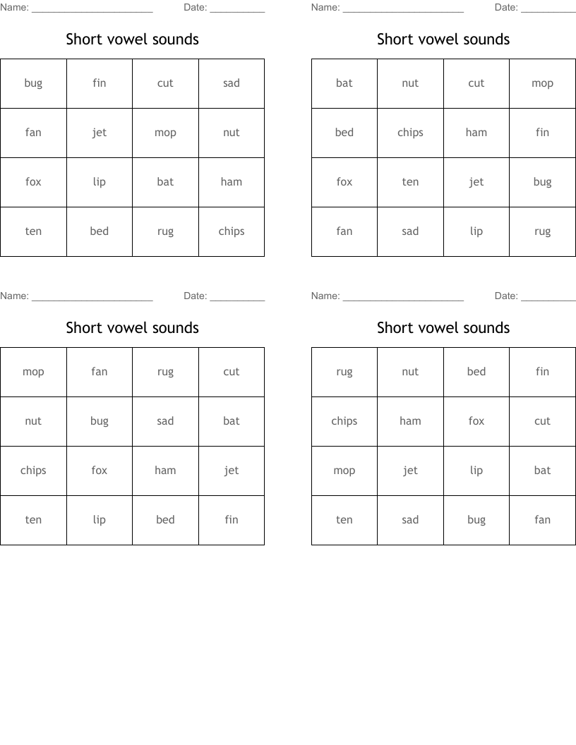 Short vowel sounds Bingo Cards