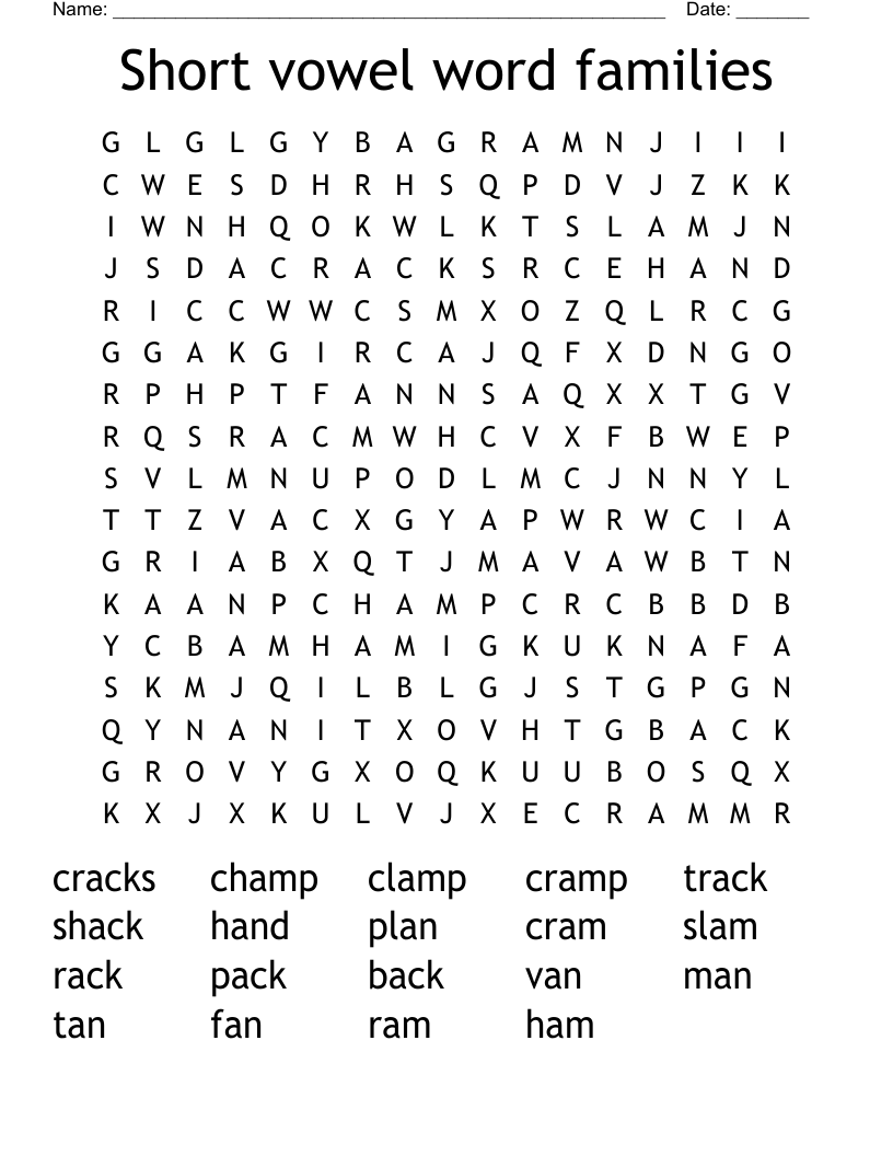 Short vowel word families Word Search