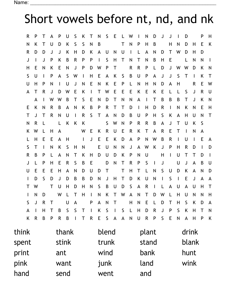 Short vowels before nt, nd, and nk Word Search