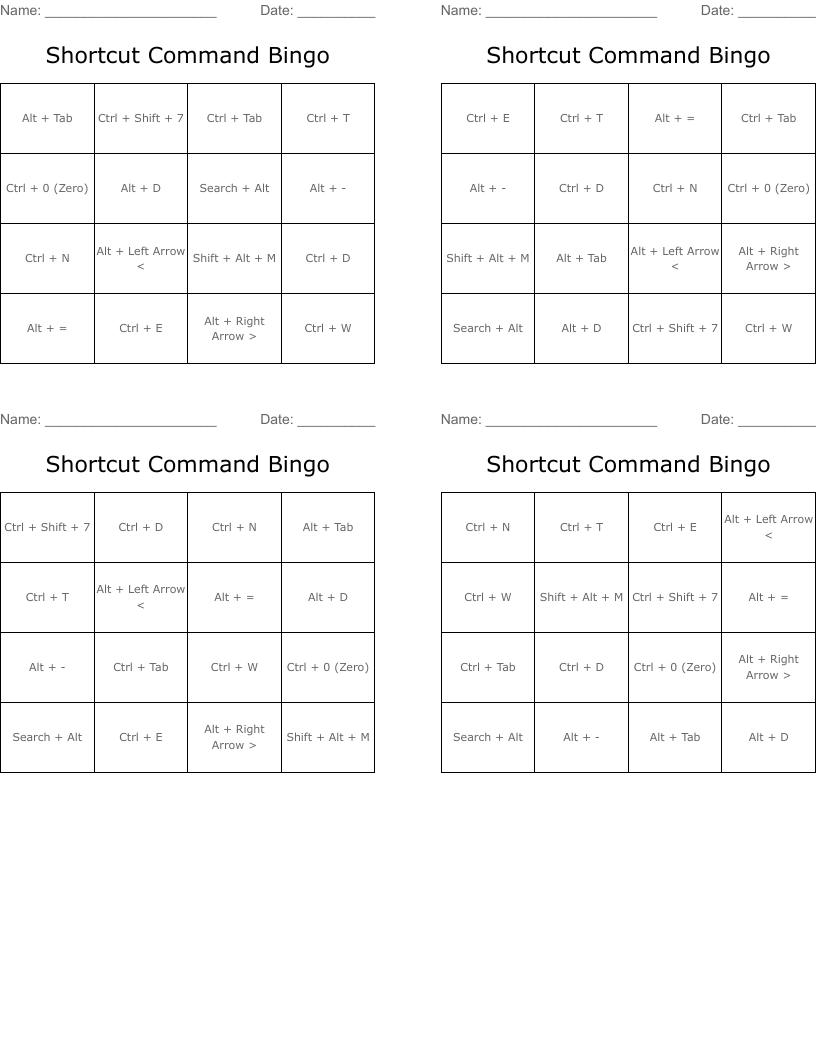 Shortcut Command Bingo