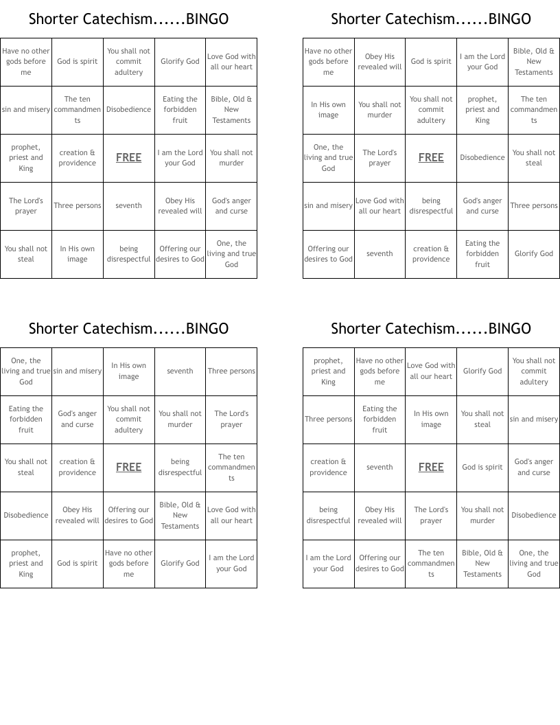 Shorter Catechism......BINGO