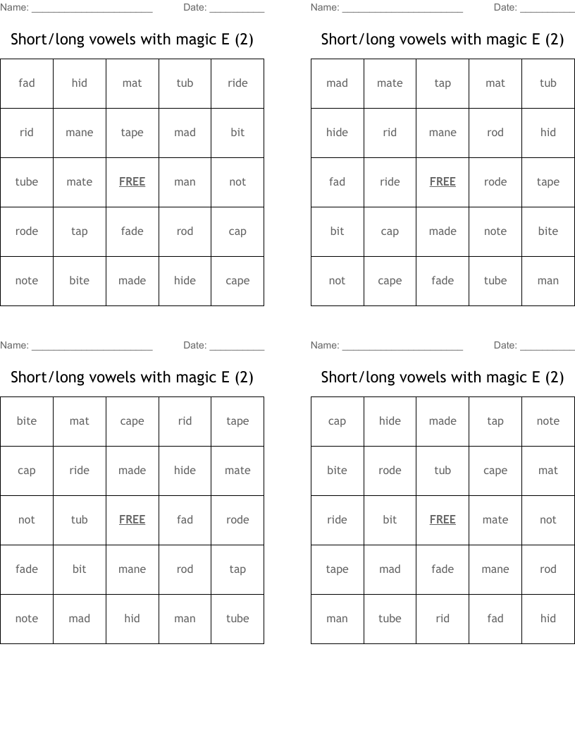 Short/long vowels with magic E  (2) Bingo Cards