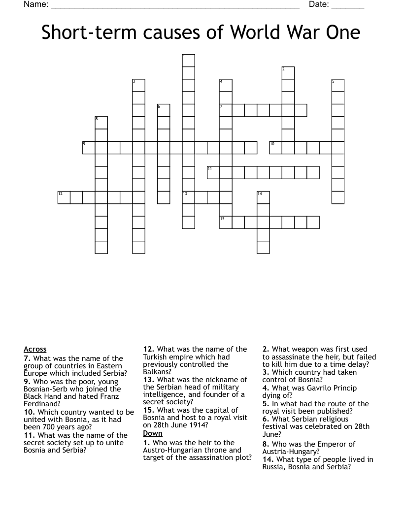 Short-term causes of World War One Crossword