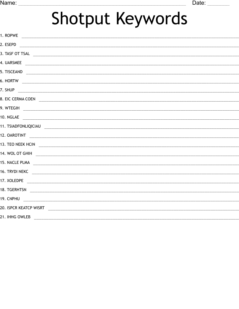 Shotput Keywords Word Scramble