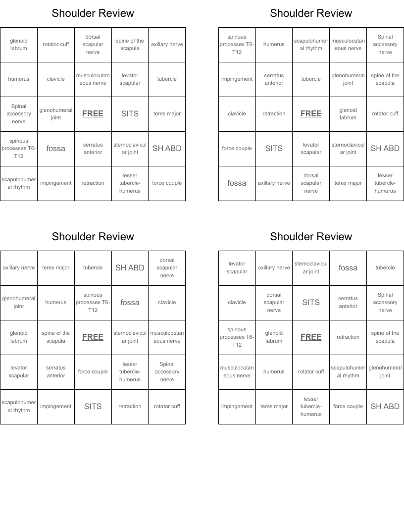 Shoulder Review Bingo Cards