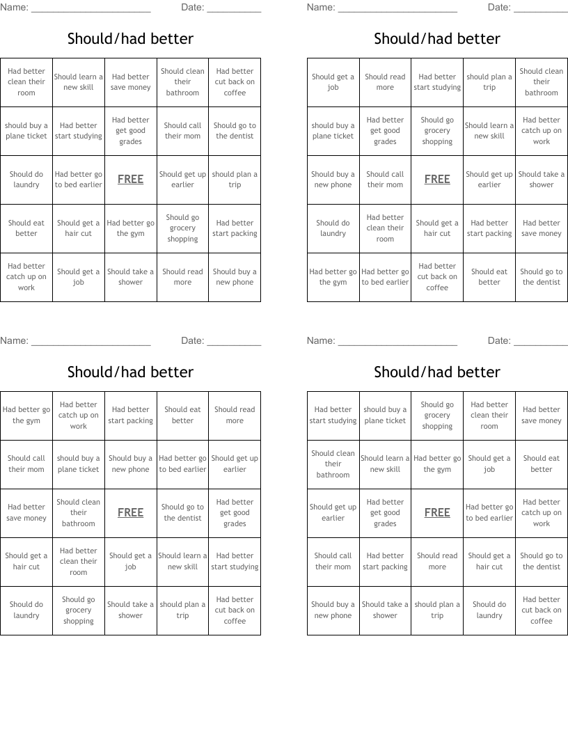 Should/had better Bingo Cards
