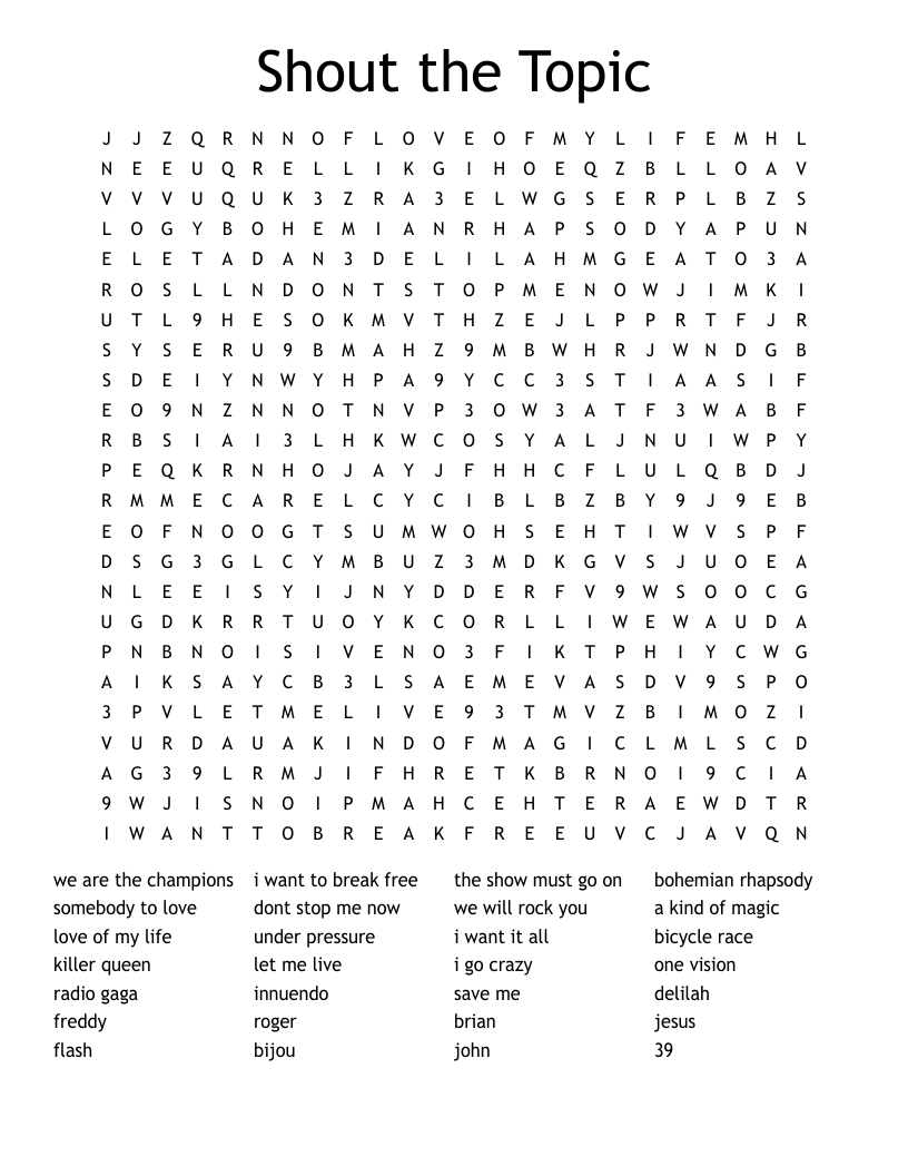 Shout the Topic Word Search