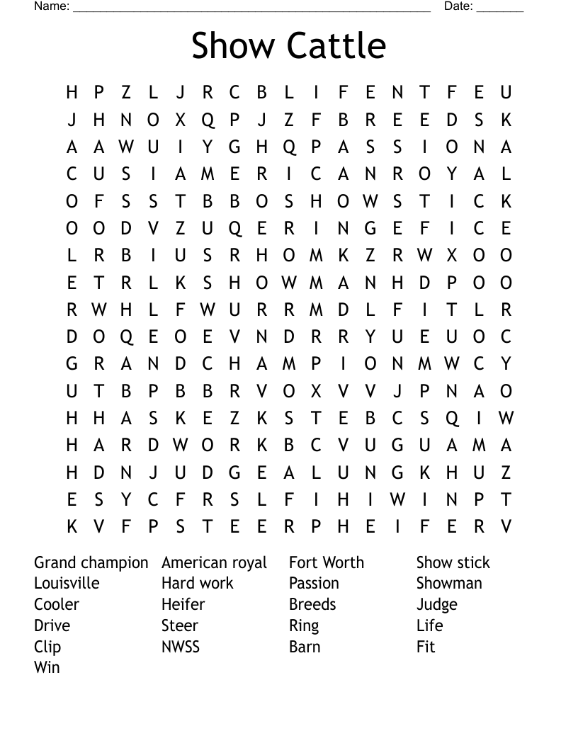 Show Cattle Word Search