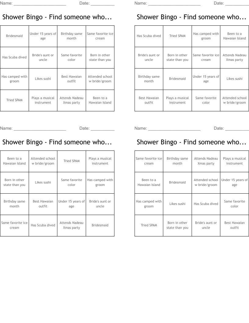 Shower Bingo - Find someone who...