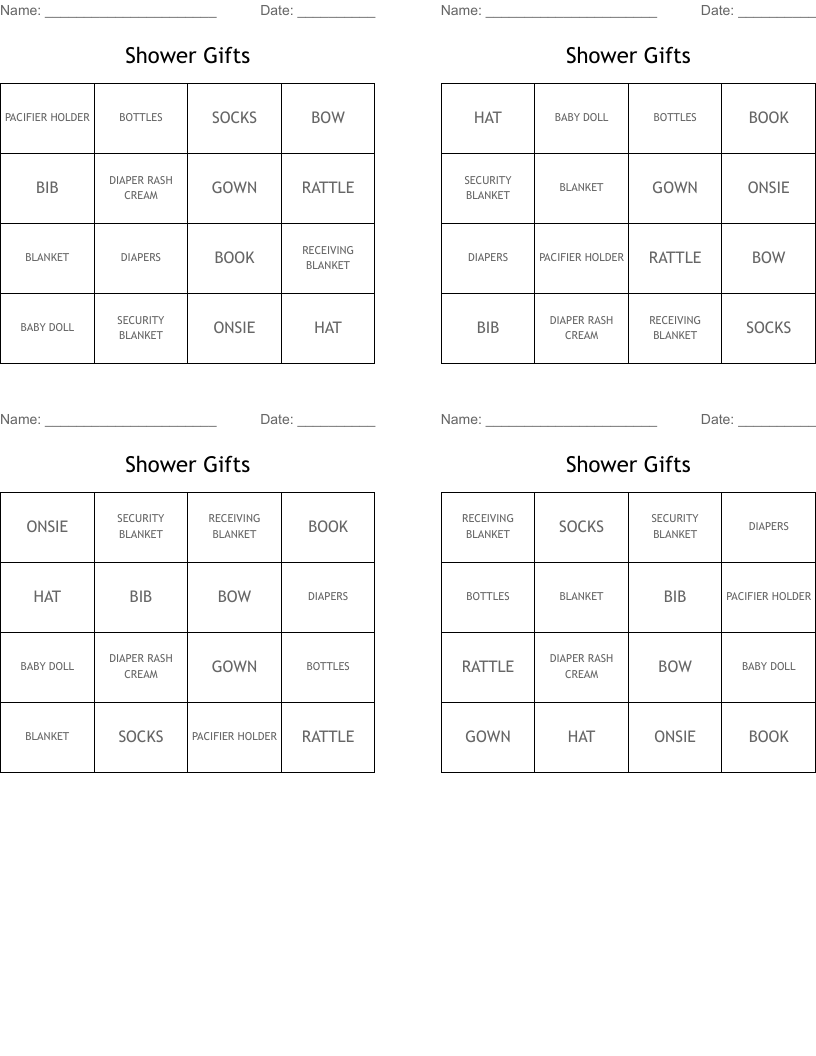 Shower Gifts Bingo Cards