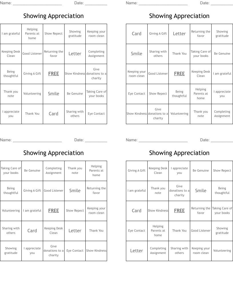 Showing Appreciation Bingo Cards