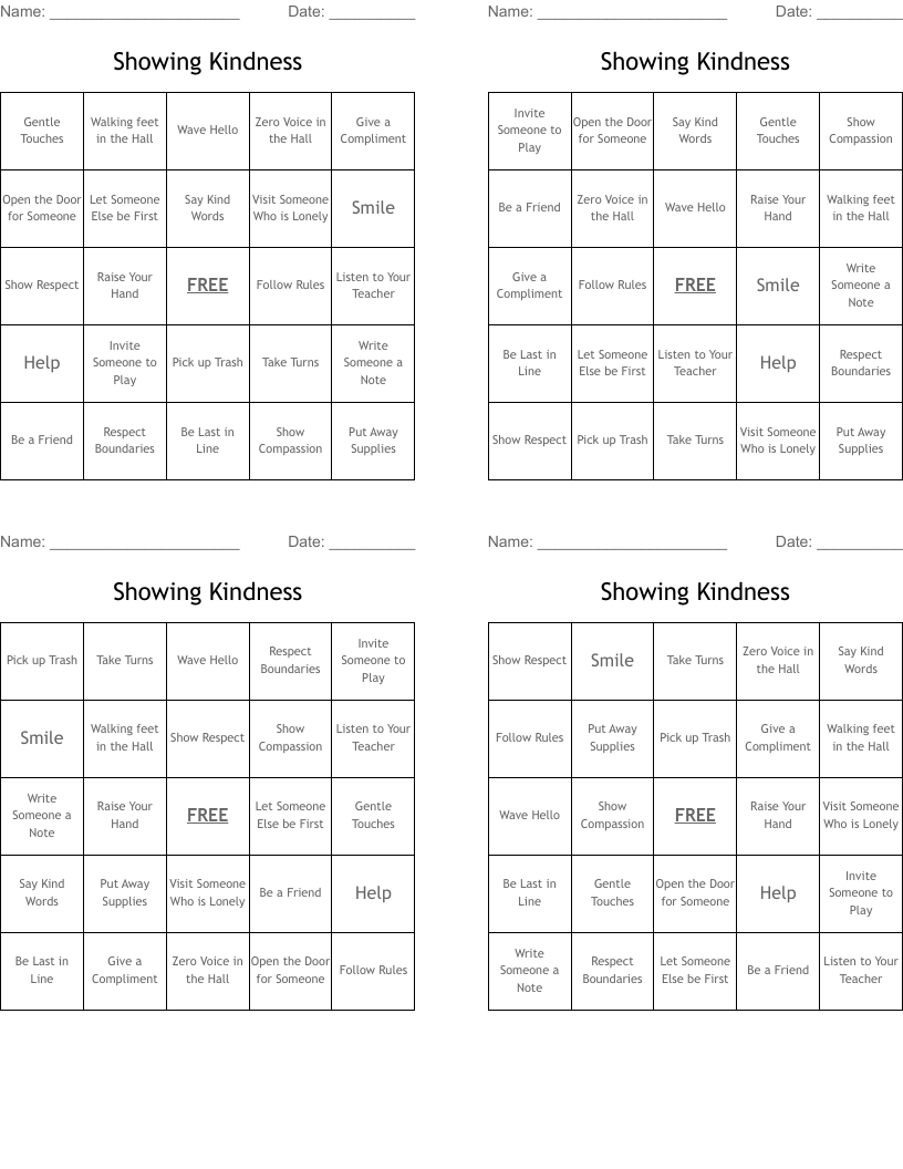 Showing Kindness Bingo Cards