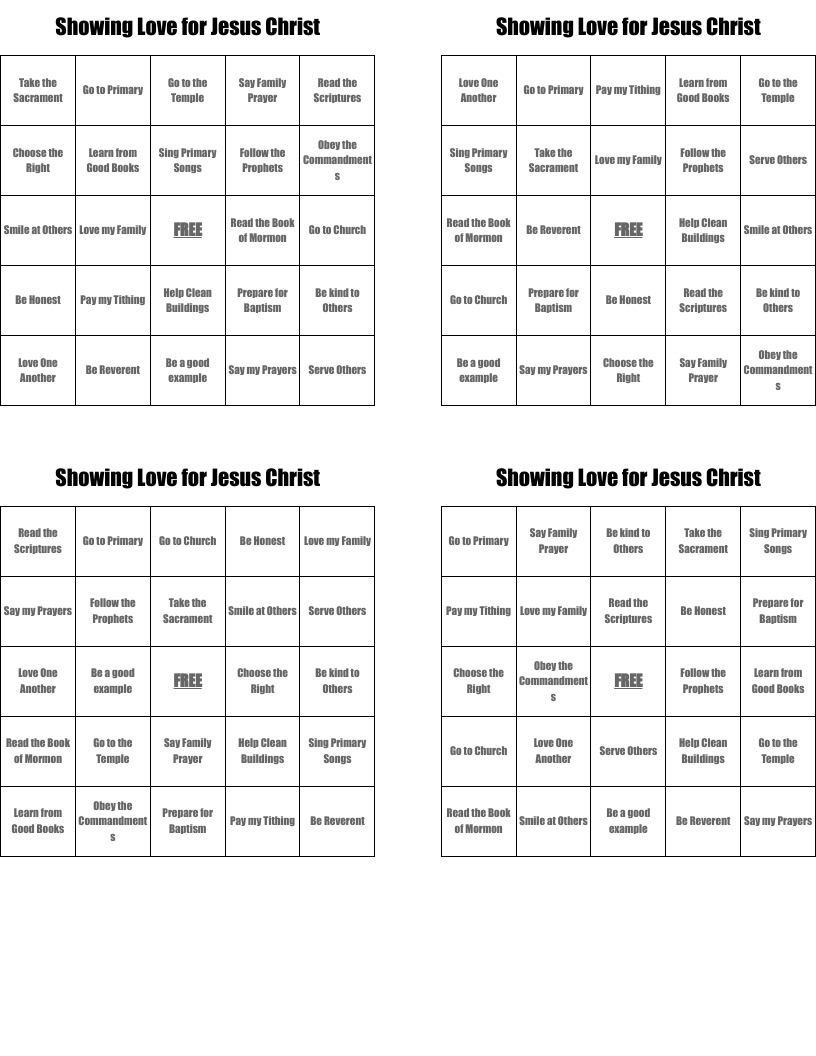 Showing Love for Jesus Christ Bingo Cards