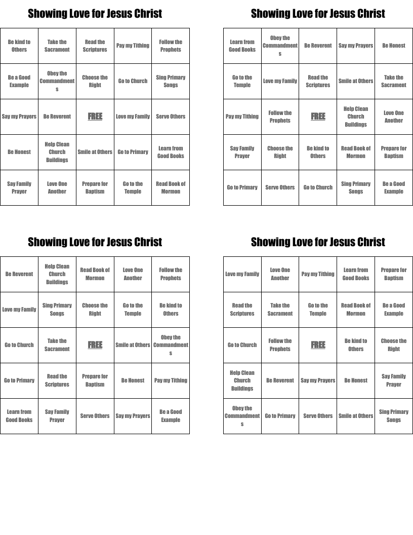 Showing Love for Jesus Christ Bingo Cards