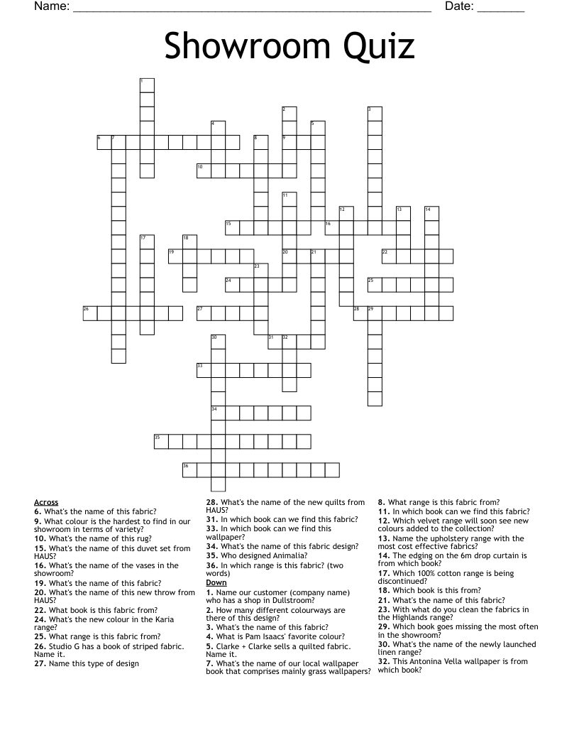 Showroom Quiz Crossword