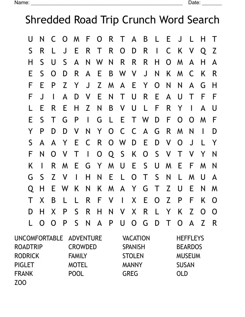Shredded Road Trip Crunch Word Search